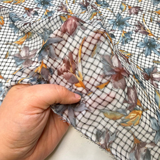 Perfect Picnic - Chiffon Poly Woven - Grey Multi Floral On A Basket Weave - 2.9M Bundle - True Deadstock fabric Fabric by private - Sustainable Textile | FABCYCLE