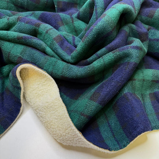 Pet Snuggles - Faux Sherpa Lined Fleece Polyester Blend Knit - Navy Green Cream Plaid - 1.5M Bundle - True Deadstock fabric Fabric by private - Sustainable Textile | FABCYCLE