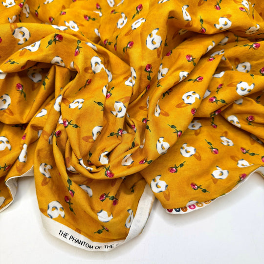 Phantom Of The Quilters Guild - Vintage Cotton Woven - Dark Yellow Multi Phantom Mask With Rose - 2.5M Bundle - True Deadstock fabric Fabric by private - Sustainable Textile | FABCYCLE