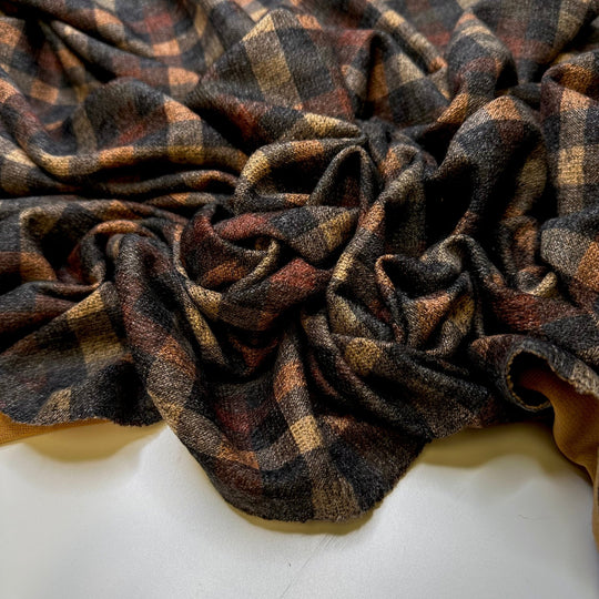 Pleated Plaid Pants - Polyester Blend Knit - Brown/Grey Plaid - Bundles - True Deadstock fabric Fabric by private - Sustainable Textile | FABCYCLE