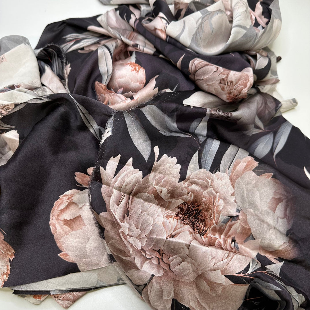 Prehistoric Flowers - Off Cuts Satin Silk Woven - Navy/Pink Floral - 0.5 Lb Bag - True Deadstock fabric Fabric by private - Sustainable Textile | FABCYCLE