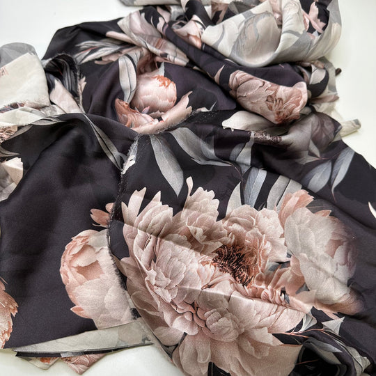 Prehistoric Flowers - Off Cuts Satin Silk Woven - Navy/Pink Floral - 0.5 Lb Bag - True Deadstock fabric Fabric by private - Sustainable Textile | FABCYCLE