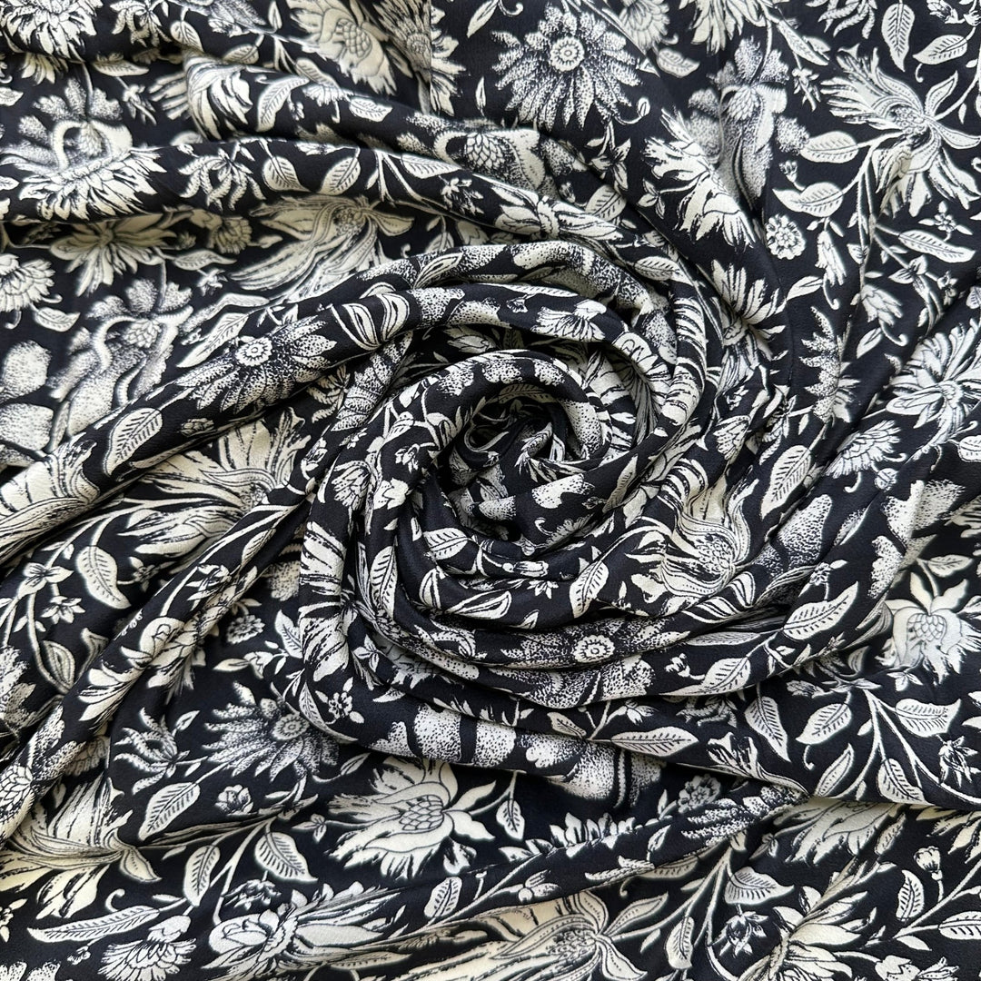 Pressed Flower Shadow Box - Chiffon Silk Woven - Black/Cream Floral - 2.8M Bundle - True Deadstock fabric Fabric by private - Sustainable Textile | FABCYCLE