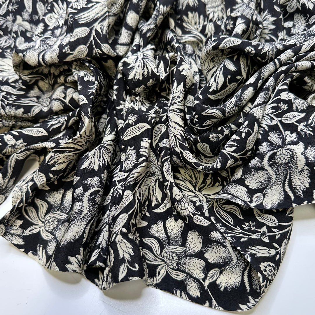 Pressed Flower Shadow Box - Chiffon Silk Woven - Black/Cream Floral - 2.8M Bundle - True Deadstock fabric Fabric by private - Sustainable Textile | FABCYCLE