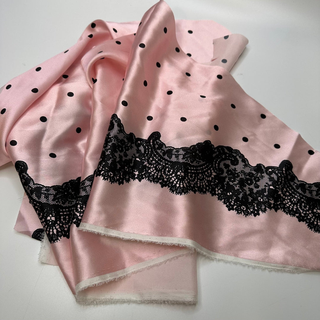 Pretty In Pink - Off Cuts Satin Silk Woven - Pink/Black Lace Border Polka Dots - Small Bags - True Deadstock fabric Fabric by private - Sustainable Textile | FABCYCLE