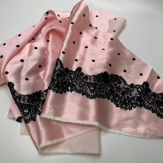 Pretty In Pink - Off Cuts Satin Silk Woven - Pink/Black Lace Border Polka Dots - Small Bags - True Deadstock fabric Fabric by private - Sustainable Textile | FABCYCLE