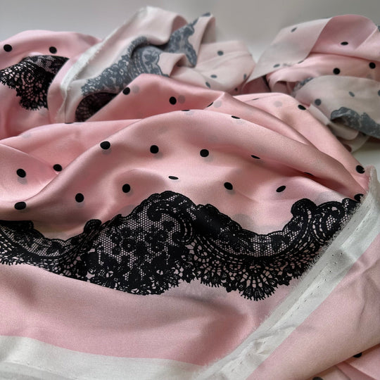 Pretty In Pink - Off Cuts Satin Silk Woven - Pink/Black Lace Border Polka Dots - Small Bags - True Deadstock fabric Fabric by private - Sustainable Textile | FABCYCLE