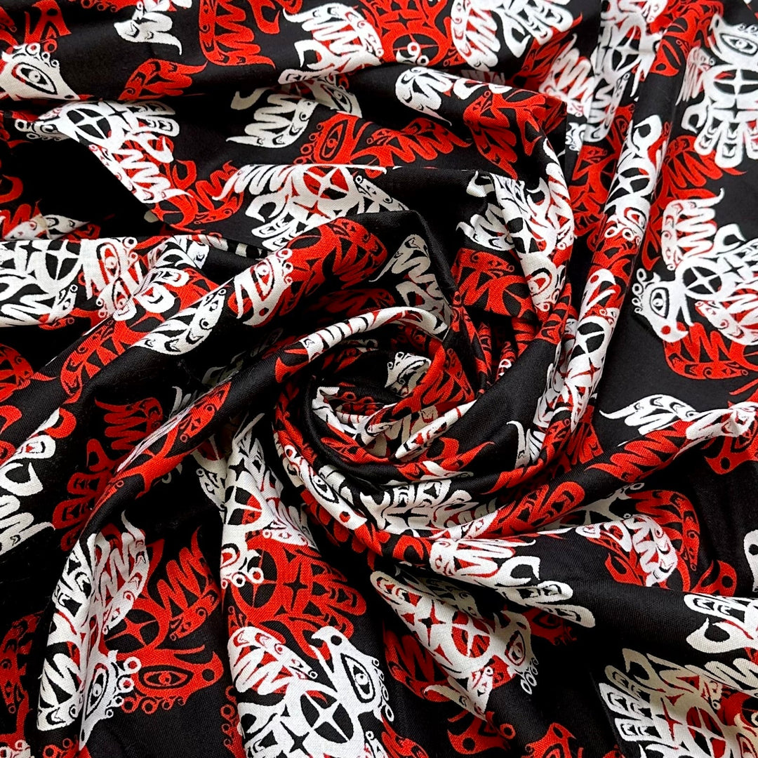 Proud Bird - Cotton Woven - Black White Red Indigenous Motif - 1.55M Bundle - True Deadstock fabric Fabric by private - Sustainable Textile | FABCYCLE