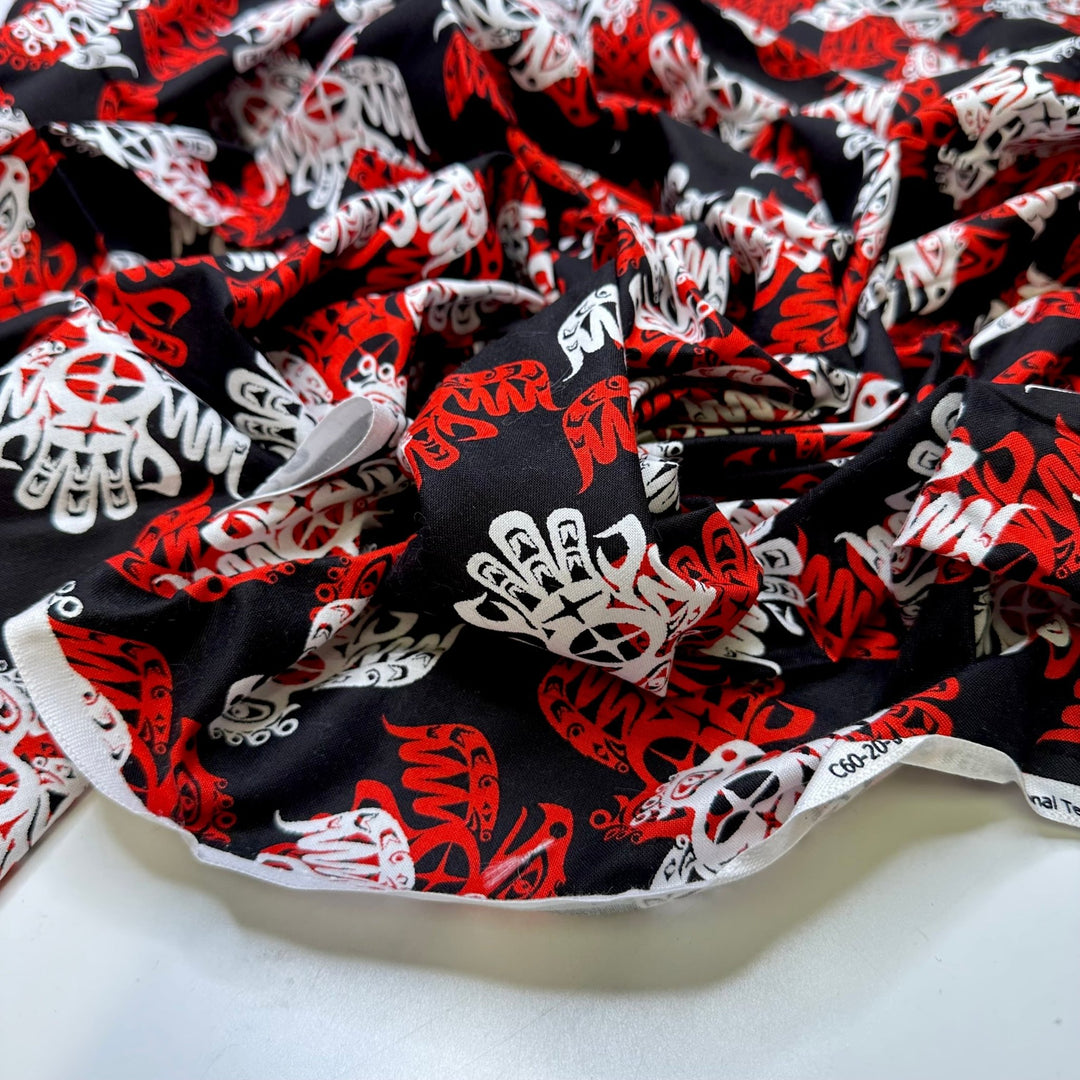 Proud Bird - Cotton Woven - Black White Red Indigenous Motif - 1.55M Bundle - True Deadstock fabric Fabric by private - Sustainable Textile | FABCYCLE