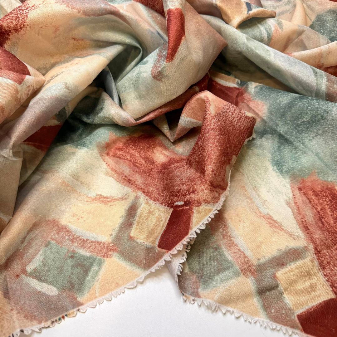 Rainy Days In The Woods - Vintage Polyester Blend Woven - Green/Burgundy Abstract - Bundles - True Deadstock fabric Fabric by private - Sustainable Textile | FABCYCLE