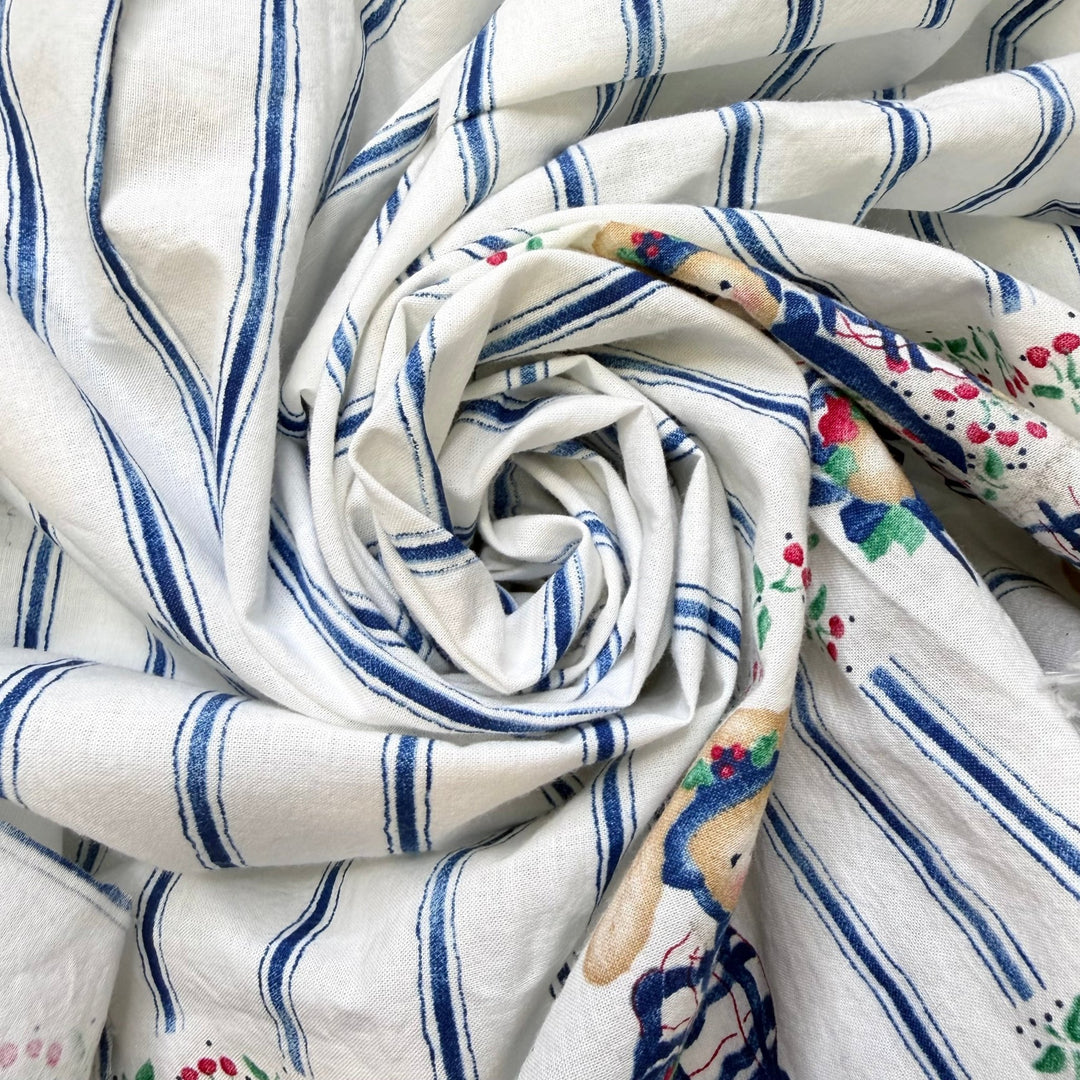 Raising Farm Animals - Vintage Cotton Woven - White/Navy Stripes And Bunnies - 1.5M Bundle - True Deadstock fabric Fabric by private - Sustainable Textile | FABCYCLE