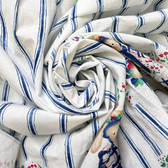 Raising Farm Animals - Vintage Cotton Woven - White/Navy Stripes And Bunnies - 1.5M Bundle - True Deadstock fabric Fabric by private - Sustainable Textile | FABCYCLE