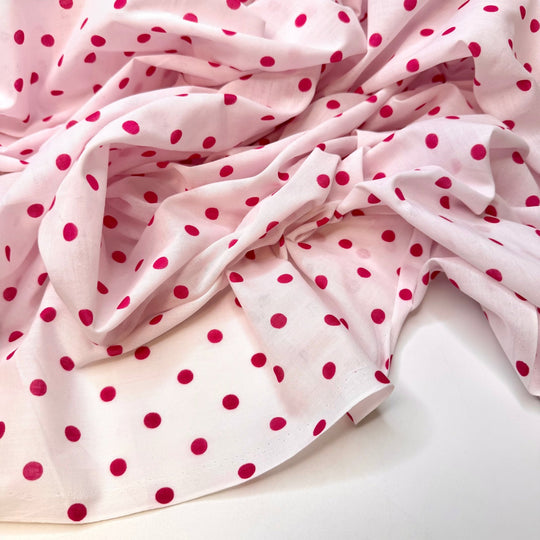 Raspberry Fields - Vintage Poly/Cotton Woven - Dark White/Pink Polka Dots - 3M Bundle - True Deadstock fabric Fabric by private - Sustainable Textile | FABCYCLE