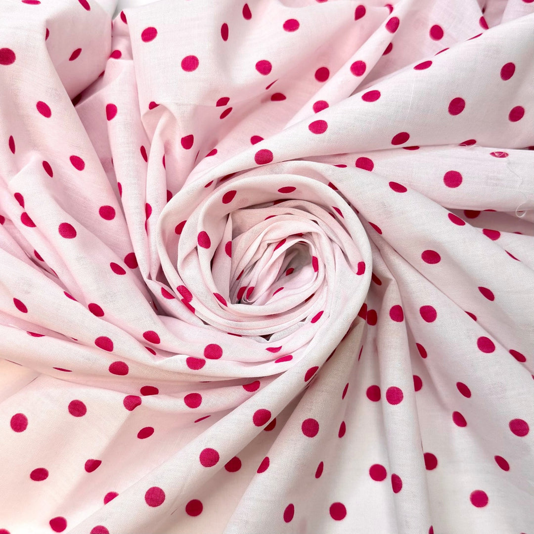 Raspberry Fields - Vintage Poly/Cotton Woven - Dark White/Pink Polka Dots - 3M Bundle - True Deadstock fabric Fabric by private - Sustainable Textile | FABCYCLE