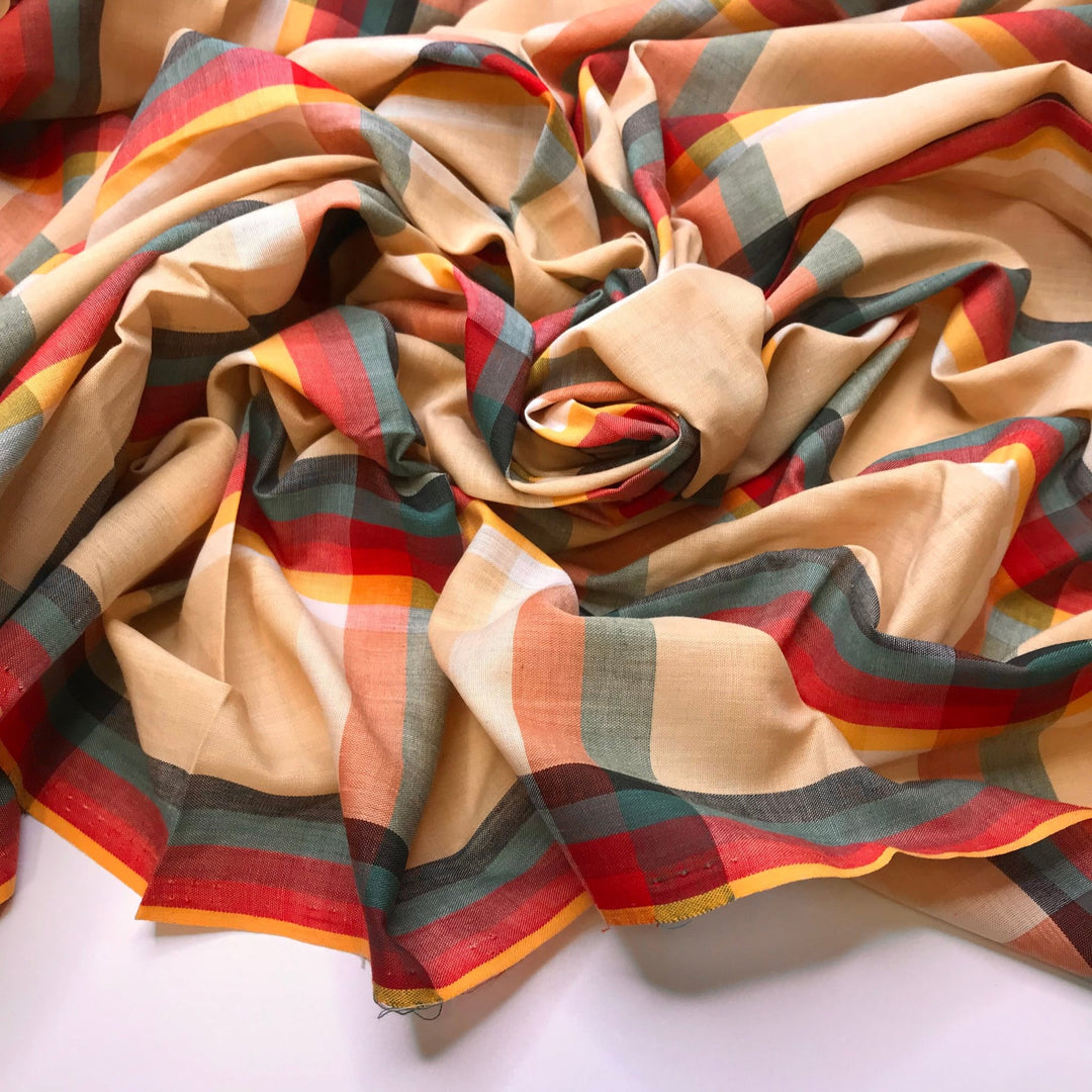 Reading Rainbow - Vintage Cotton Blend Woven - Light Beige Multi Plaid - 1.75M Bundle - True Deadstock fabric Fabric by private - Sustainable Textile | FABCYCLE
