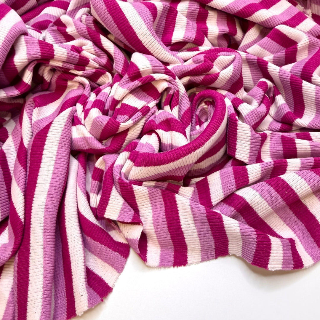 Regaining Sight - Rib Knit Cotton Blend Knit - Magenta Mauve White Stripes - 2.5M Bundle - True Deadstock fabric Fabric by private - Sustainable Textile | FABCYCLE