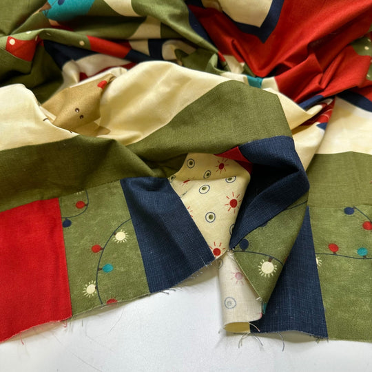 Reindeer Barn Decor - Sewn Quilt Top Cotton Woven - Green Multi Reindeer Motif - 0.78M Bundle - True Deadstock fabric Fabric by private - Sustainable Textile | FABCYCLE