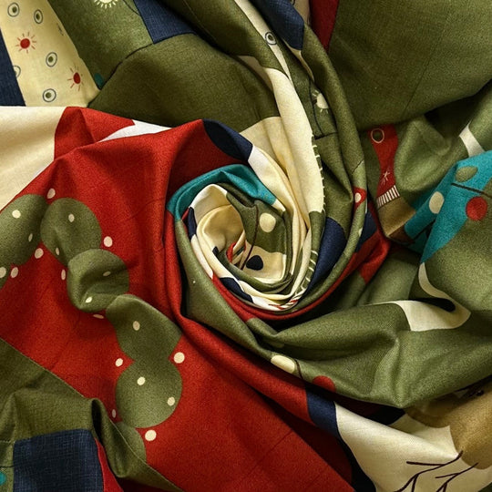 Reindeer Barn Decor - Sewn Quilt Top Cotton Woven - Green Multi Reindeer Motif - 0.78M Bundle - True Deadstock fabric Fabric by private - Sustainable Textile | FABCYCLE