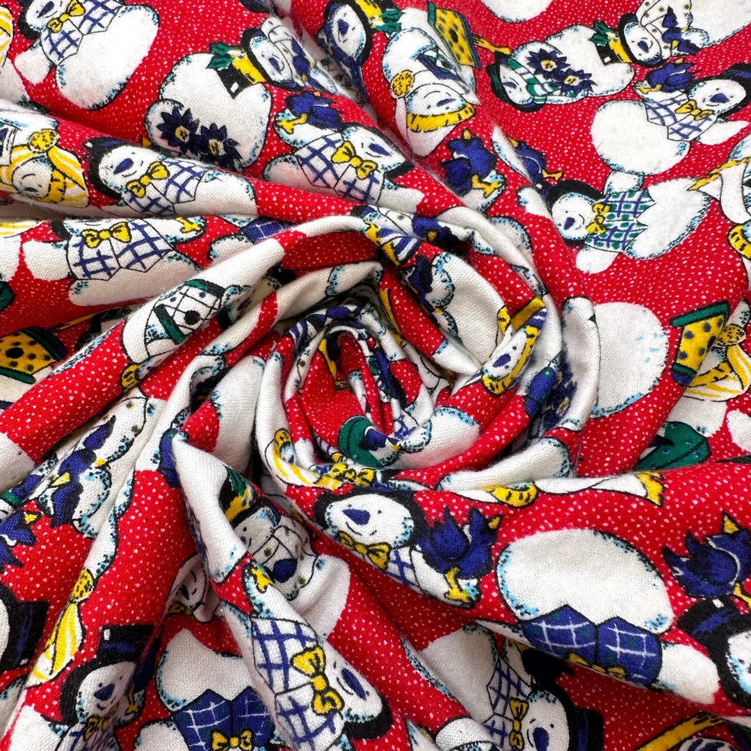 Saying Goodbye To Winter - Vintage Flanelette Cotton Woven - Red Multi Snowmen - 2M Bundle - True Deadstock fabric Fabric by private - Sustainable Textile | FABCYCLE
