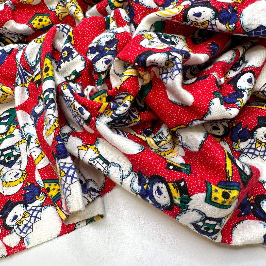 Saying Goodbye To Winter - Vintage Flanelette Cotton Woven - Red Multi Snowmen - 2M Bundle - True Deadstock fabric Fabric by private - Sustainable Textile | FABCYCLE