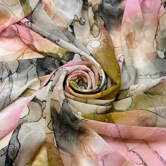 Science Experiment Gone Wrong - Crepe Poly Woven - Pink/Green Abstract - 5M Bundle - True Deadstock fabric Fabric by private - Sustainable Textile | FABCYCLE