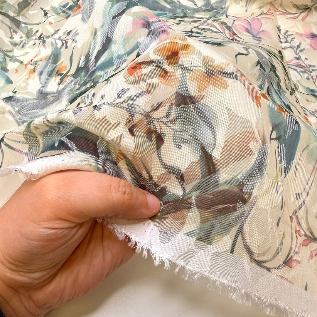 Self Sufficient Gardening - Polyester Blend Woven - Cream/Green Floral - 3M Bundle - True Deadstock fabric Fabric by private - Sustainable Textile | FABCYCLE