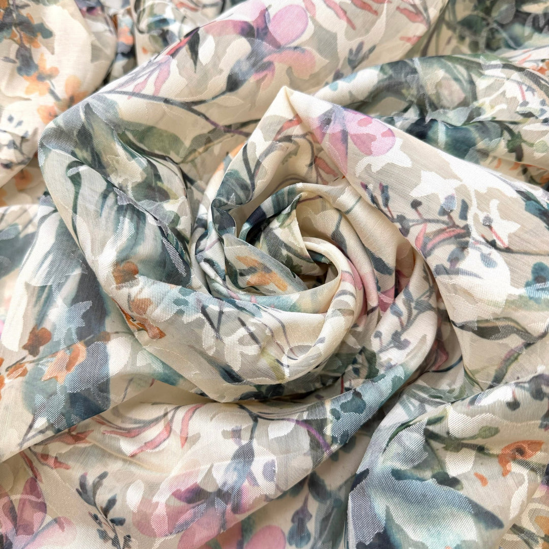 Self Sufficient Gardening - Polyester Blend Woven - Cream/Green Floral - 3M Bundle - True Deadstock fabric Fabric by private - Sustainable Textile | FABCYCLE