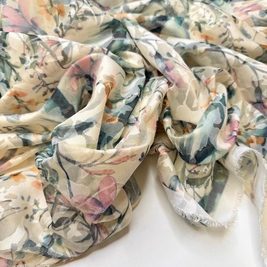 Self Sufficient Gardening - Polyester Blend Woven - Cream/Green Floral - 3M Bundle - True Deadstock fabric Fabric by private - Sustainable Textile | FABCYCLE