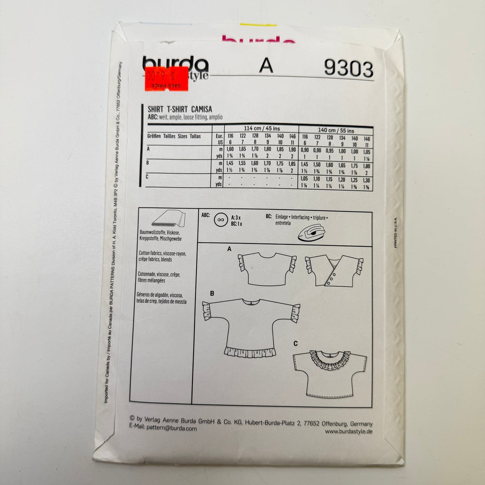 Sewing Pattern - Childrenswear - Burda 9303 - True Deadstock supplies Fabric by private - Sustainable Textile | FABCYCLE