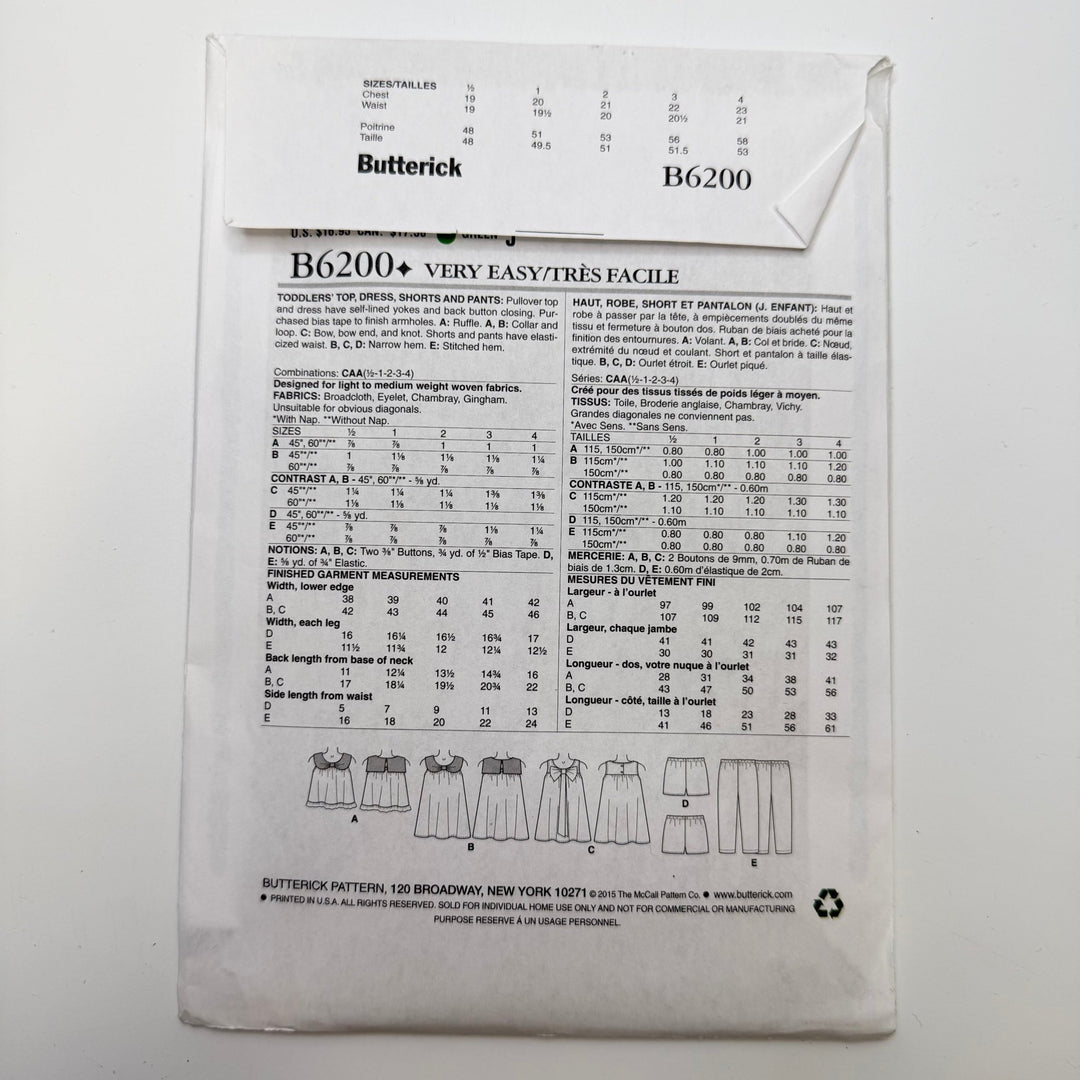 Sewing Pattern - Childrenswear - Butterick 6200 - True Deadstock supplies Fabric by private - Sustainable Textile | FABCYCLE