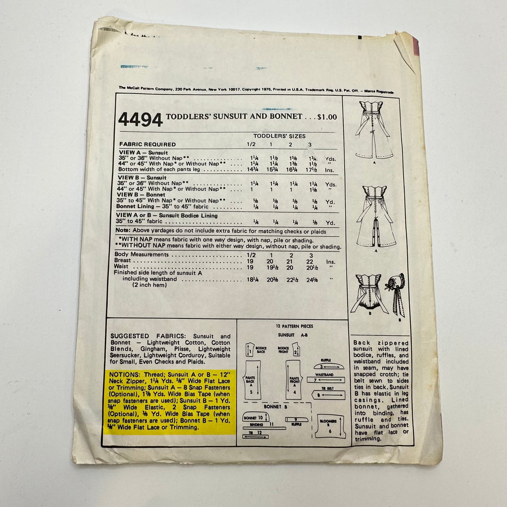 Sewing Pattern - Childrenswear - McCall's 4494 - True Deadstock supplies Fabric by private - Sustainable Textile | FABCYCLE