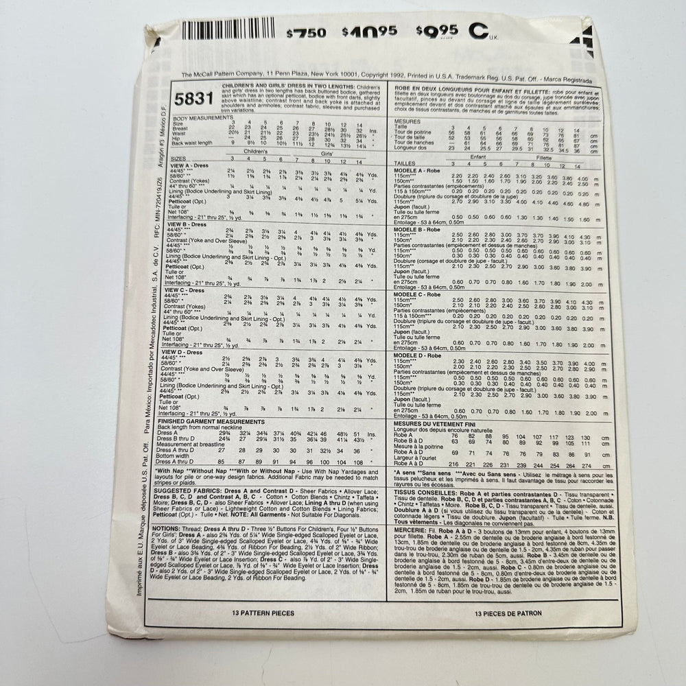 Sewing Pattern - Childrenswear - McCall's 5831 - True Deadstock supplies Fabric by private - Sustainable Textile | FABCYCLE