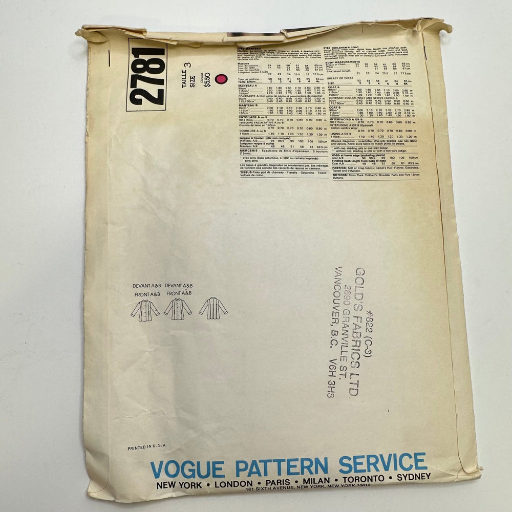Sewing Pattern - Childrenswear - Vogue 2781 - True Deadstock supplies Fabric by private - Sustainable Textile | FABCYCLE
