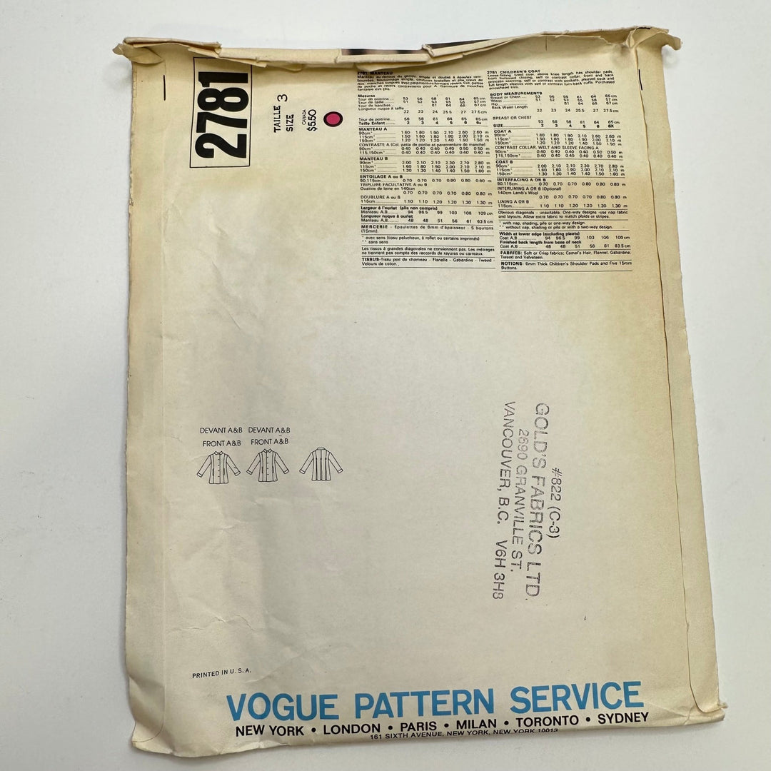 Sewing Pattern - Childrenswear - Vogue 2781 - True Deadstock supplies Fabric by private - Sustainable Textile | FABCYCLE