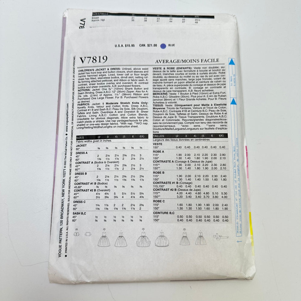 Sewing Pattern - Childrenswear - Vogue 7819 - True Deadstock supplies Fabric by private - Sustainable Textile | FABCYCLE