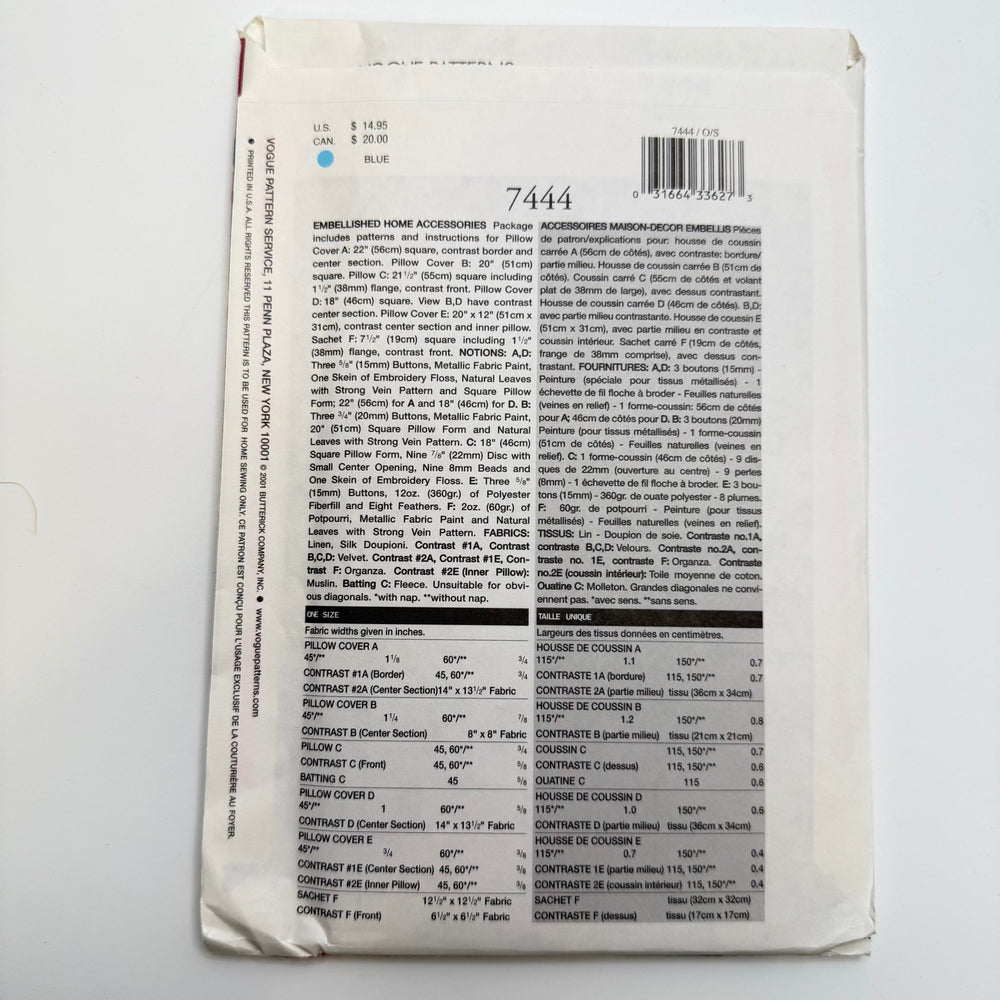 Sewing Pattern - Craft - Vogue 7444 - True Deadstock supplies Fabric by private - Sustainable Textile | FABCYCLE