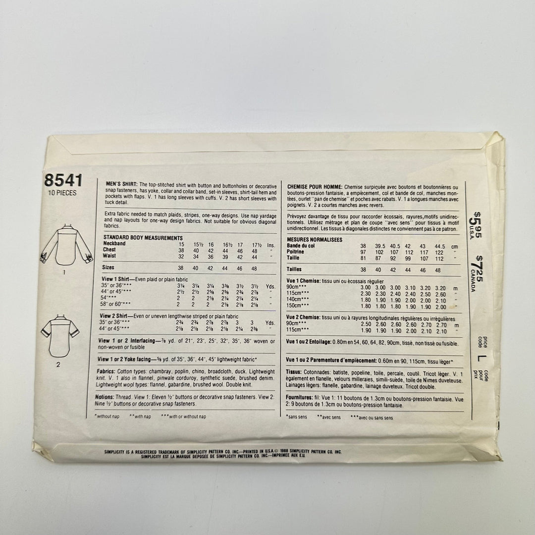 Sewing Pattern - Menswear - Simplicity 8541 - True Deadstock supplies Fabric by private - Sustainable Textile | FABCYCLE