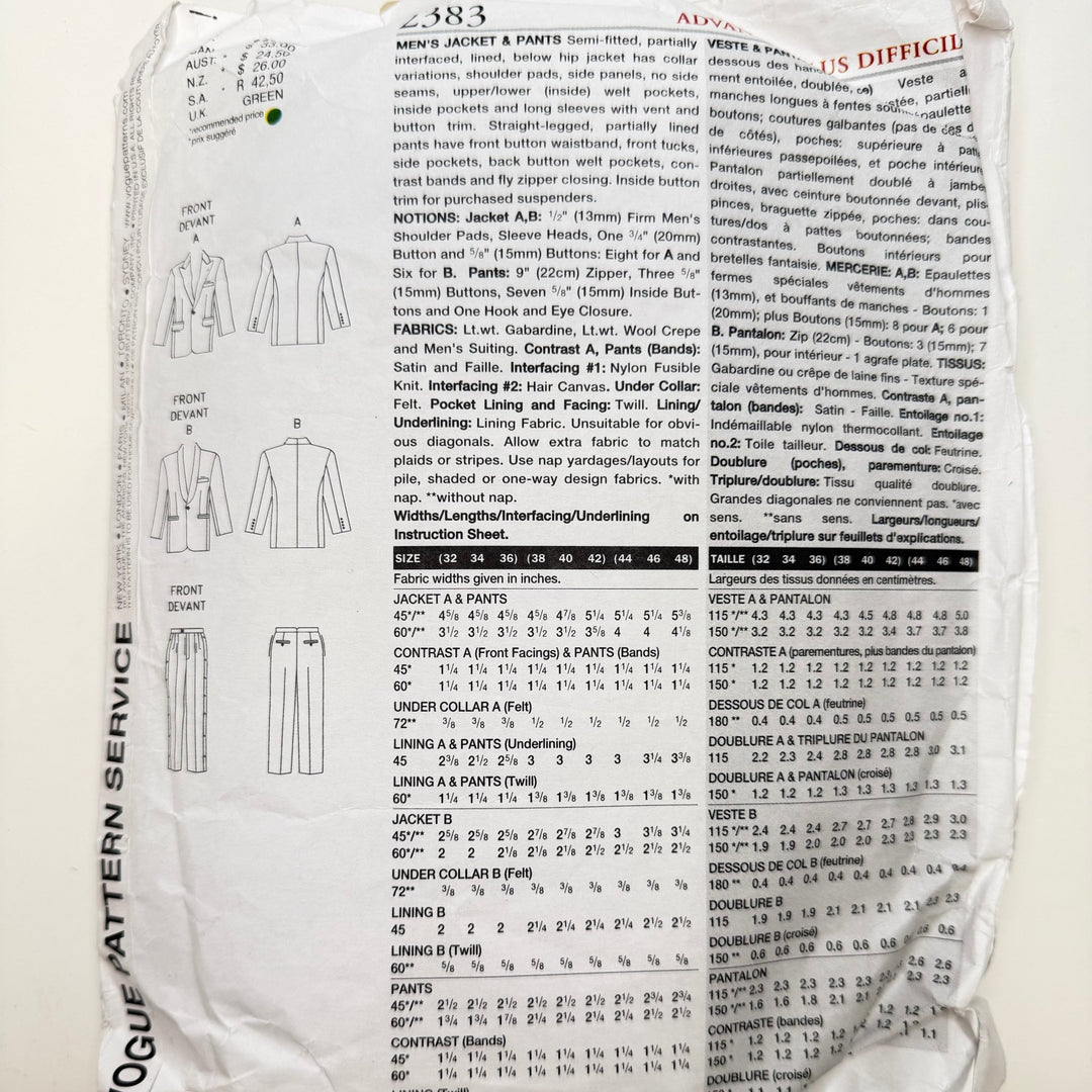 Sewing Pattern - Menswear - Vogue 2383 - True Deadstock supplies Fabric by private - Sustainable Textile | FABCYCLE