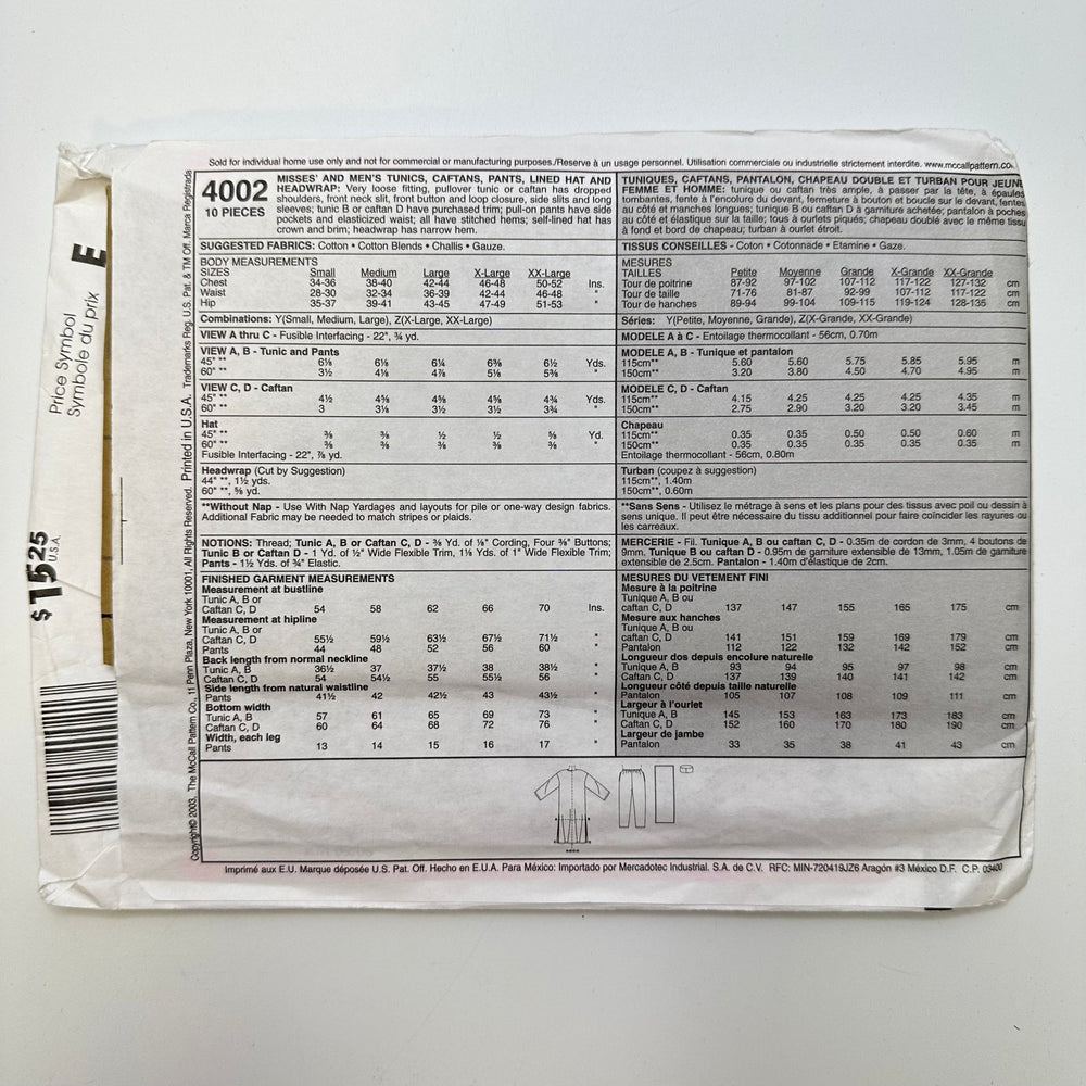 Sewing Pattern - Unisex - McCall's 4002 - True Deadstock supplies Fabric by private - Sustainable Textile | FABCYCLE