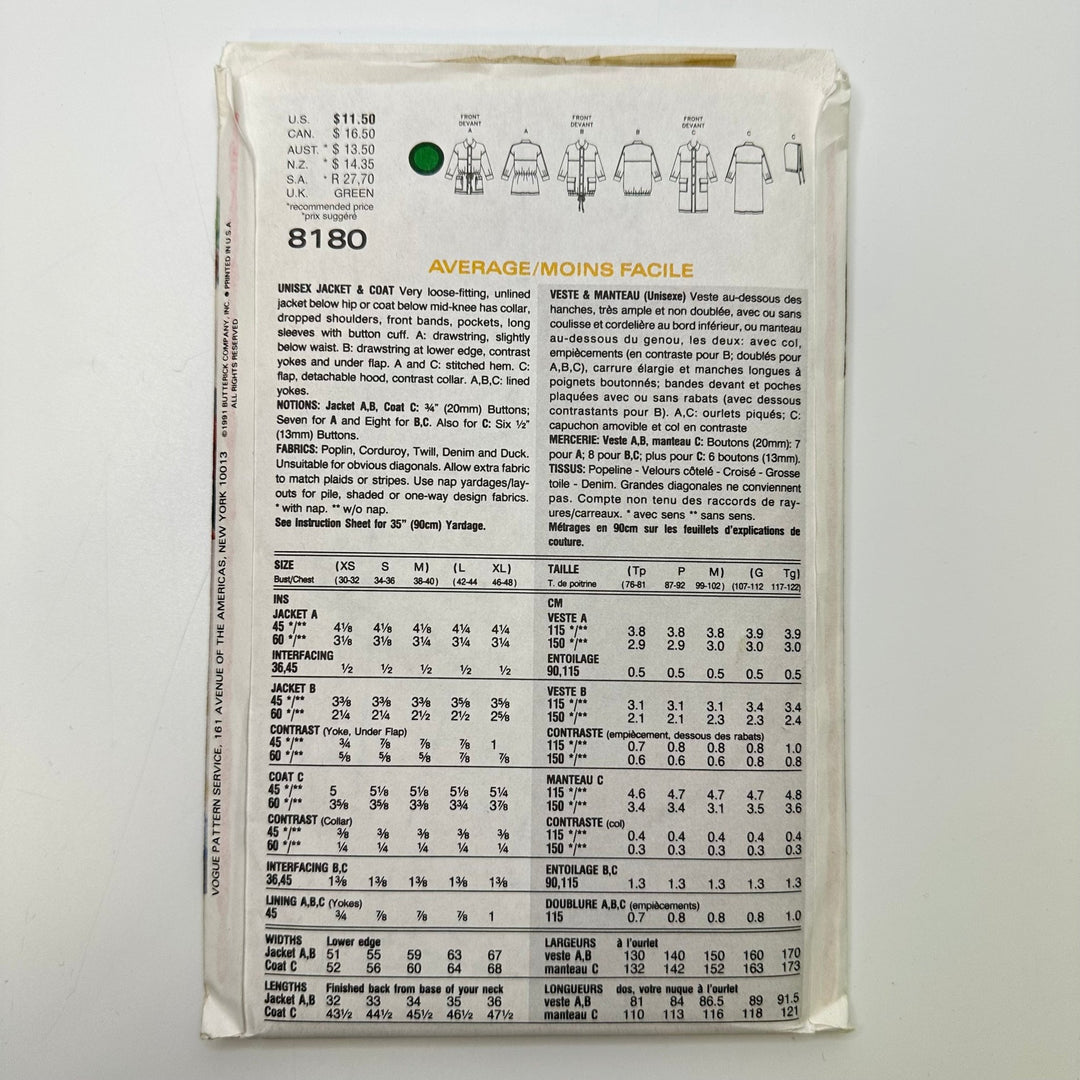 Sewing Pattern - Unisex - Vogue 8180 - True Deadstock supplies Fabric by private - Sustainable Textile | FABCYCLE