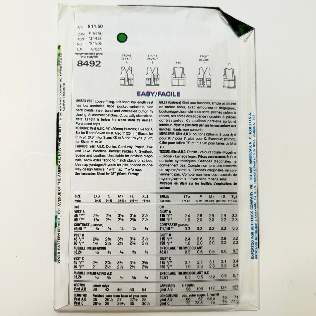 Sewing Pattern - Unisex - Vogue 8492 - True Deadstock supplies Fabric by private - Sustainable Textile | FABCYCLE