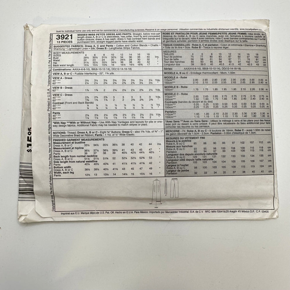 Sewing Pattern - Womenswear - McCall's 3921 - True Deadstock supplies Fabric by private - Sustainable Textile | FABCYCLE