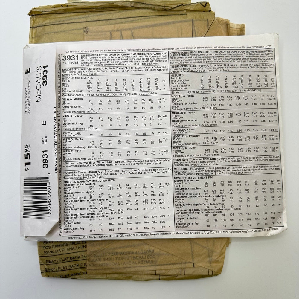 Sewing Pattern - Womenswear - McCall's 3931 - True Deadstock supplies Fabric by private - Sustainable Textile | FABCYCLE