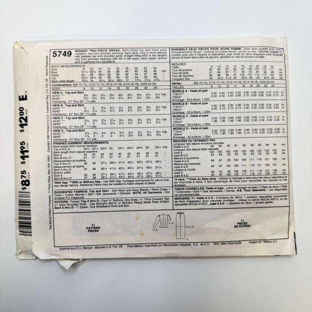 Sewing Pattern - Womenswear - McCall's 5749 - True Deadstock supplies Fabric by private - Sustainable Textile | FABCYCLE