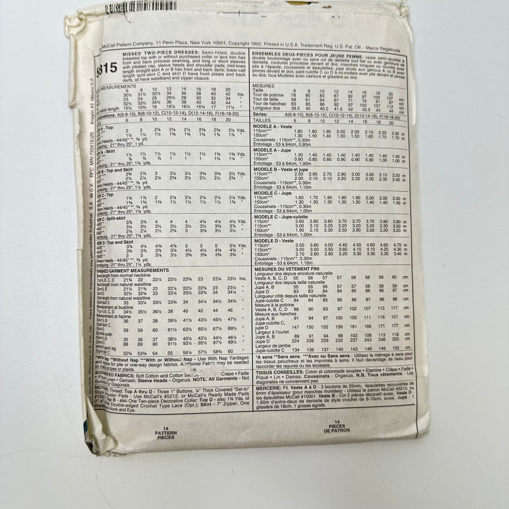Sewing Pattern - Womenswear - McCall's 5815 - True Deadstock supplies Fabric by private - Sustainable Textile | FABCYCLE