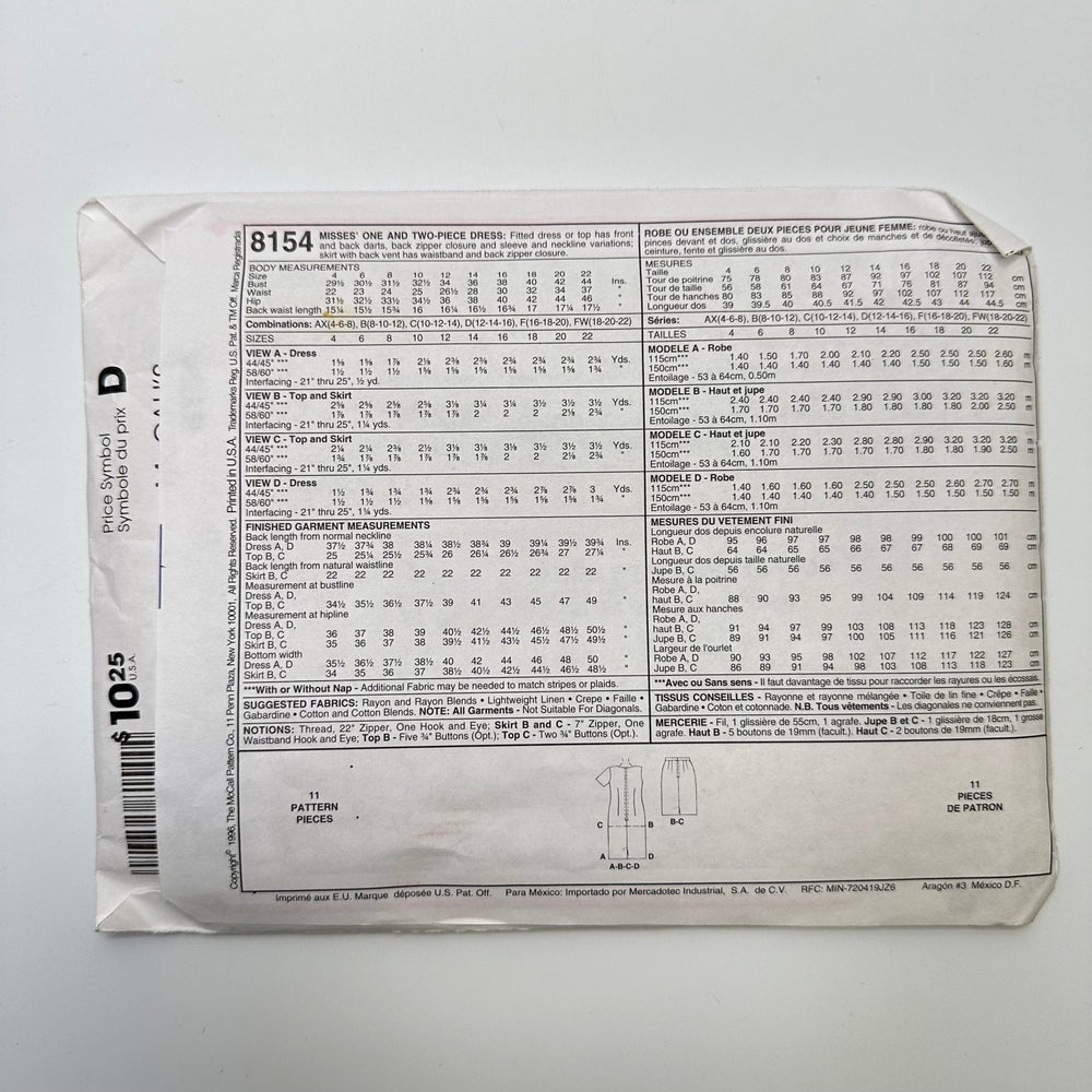 Sewing Pattern - Womenswear - McCall's 8154 - True Deadstock supplies Fabric by private - Sustainable Textile | FABCYCLE