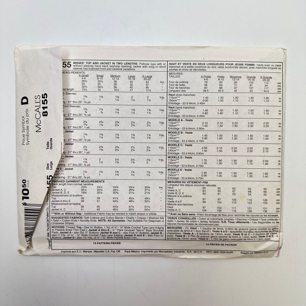 Sewing Pattern - Womenswear - McCall's 8155 - True Deadstock supplies Fabric by private - Sustainable Textile | FABCYCLE
