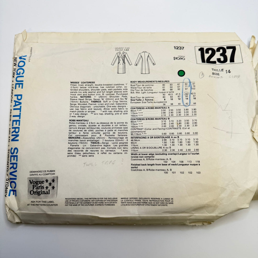 Sewing Pattern - Womenswear - Vogue 1237 - True Deadstock supplies Fabric by private - Sustainable Textile | FABCYCLE