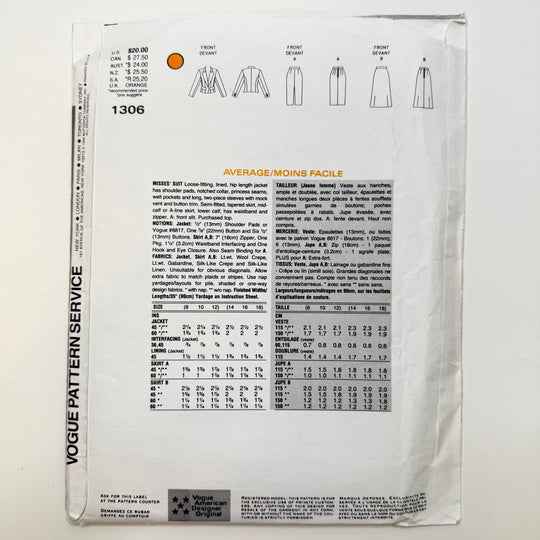 Sewing Pattern - Womenswear - Vogue 1306 - True Deadstock supplies Fabric by private - Sustainable Textile | FABCYCLE