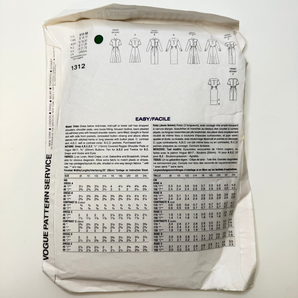 Sewing Pattern - Womenswear - Vogue 1312 - True Deadstock supplies Fabric by private - Sustainable Textile | FABCYCLE